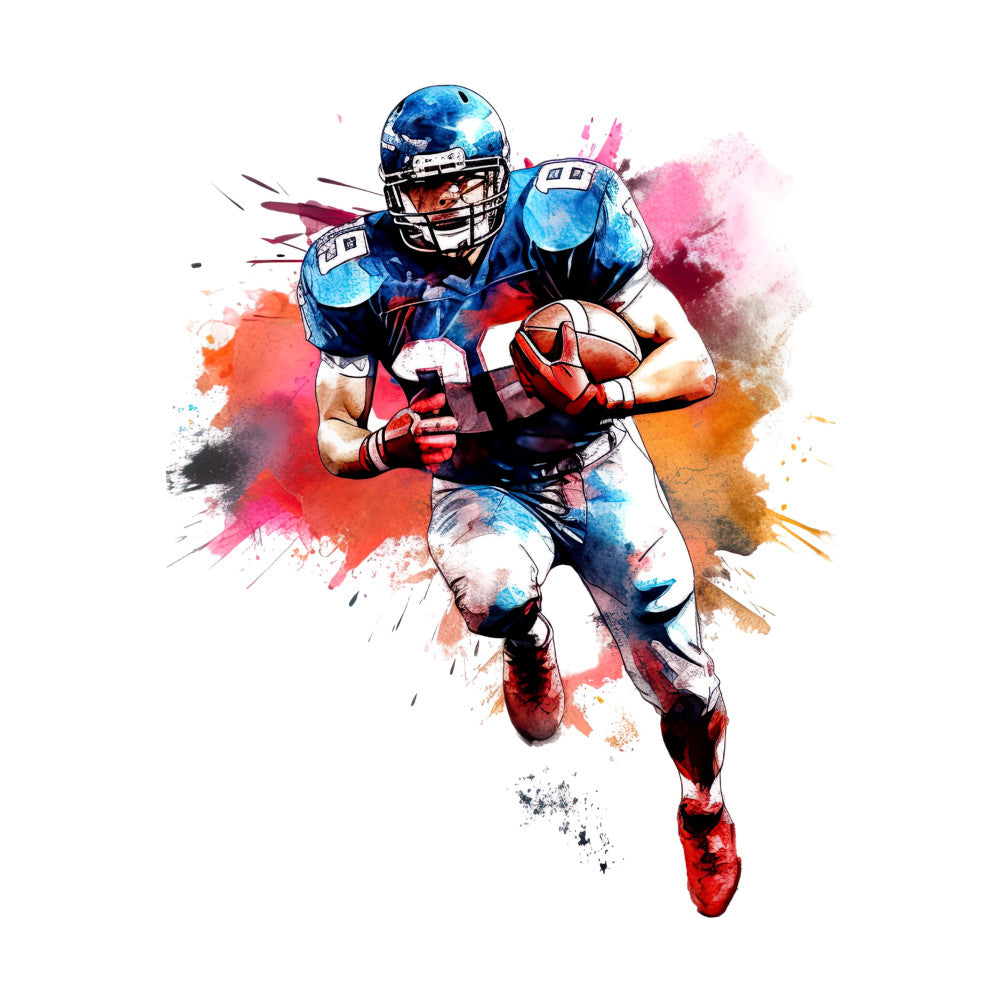 football, sports, watercolor, abstract, splatter, dynamic, athletic, blue, orange, red, pink, white, black, modern, action, player, running back, touchdown, gridiron, vibrant, colorful, artistic, painted, ink wash, energetic, contemporary, masculine, sports fan, game day, team spirit
