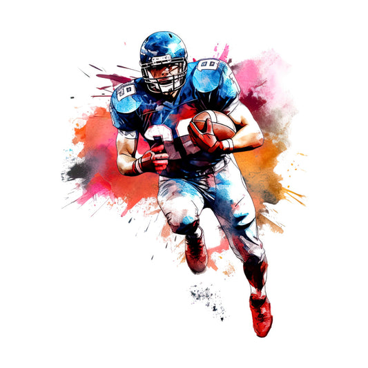 football, sports, watercolor, abstract, splatter, dynamic, athletic, blue, orange, red, pink, white, black, modern, action, player, running back, touchdown, gridiron, vibrant, colorful, artistic, painted, ink wash, energetic, contemporary, masculine, sports fan, game day, team spirit