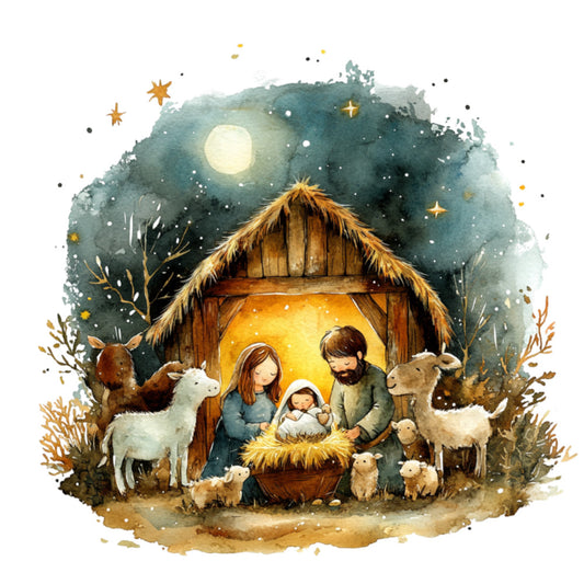 nativity, christmas, religious, winter, celestial, moon, stars, baby jesus, manger, holy night, animals, deer, sheep, lambs, barn, stable, thatched roof, gold, cream, teal, forest green, warm white, whimsical, traditional, peaceful, serene, holiday, spiritual, rustic, farmhouse