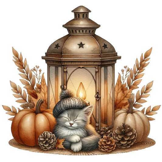 autumn, fall, halloween, thanksgiving, pumpkins, lantern, cat, kitten, cozy, rustic, vintage, warm tones, cream, bronze, tan, brown, orange, warm brown, pumpkin orange, dried leaves, wheat, pine cones, nature, farmhouse, whimsical, seasonal, candlelight, stars, celestial, wall hanging