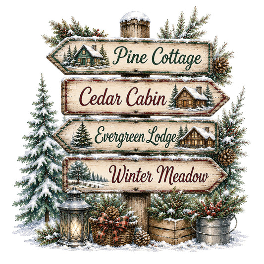 winter directional sign, cabin lodge, evergreen trees, snow covered, rustic farmhouse, christmas holiday, cream beige, forest green, burgundy red, vintage style, nature themed, woodland retreat, lantern decoration, pine trees, winter landscape, cozy cabin, plaid bow, metal bucket, basket weave, traditional seasonal, winter meadow, cedar cabin, snowy scene, cottage core, rustic signpost, holiday decor, winter wonderland, nostalgic design, rustic cabin style