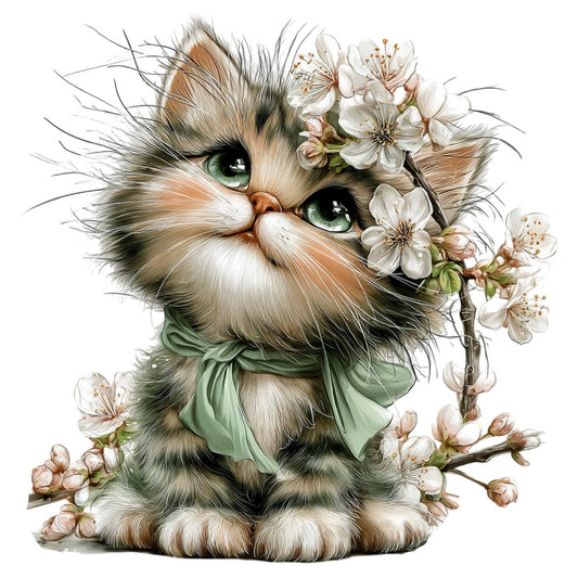 fluffy cat, green eyes, white flowers, cream colored, soft brown, sage green, botanical, floral, animal, cat portrait, whimsical, nature themed, spring, delicate blossoms, cherry blossoms, cottage core, sweet and charming, feminine, woodland creatures, kitten, petal details, romantic style, garden inspired, vintage illustration, children's theme, nursery decor, wall hanging, decorative panel, taupe and ivory