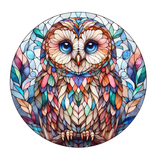 owl, stained glass, mandala, circular design, blue eyes, feathers, geometric patterns, multicolored, teal, coral, pink, purple, orange, cream, symmetrical, fabric panel, quilting cotton, mosaic style, decorative borders, intricate details