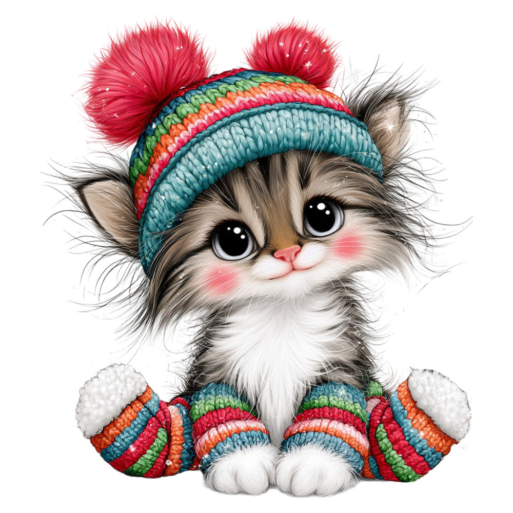 cute kitten, cat face, fluffy cat, whimsical, playful, children's, baby, rainbow stripes, colorful, red pom pom, teal blue, coral orange, lime green, knit pattern, cozy, winter, holiday, festive, animal print, decorative panel, wall hanging, nursery, kid's fabric, adorable animals, expressive eyes, striped sweater, winter accessories, charming, illustration style, contemporary