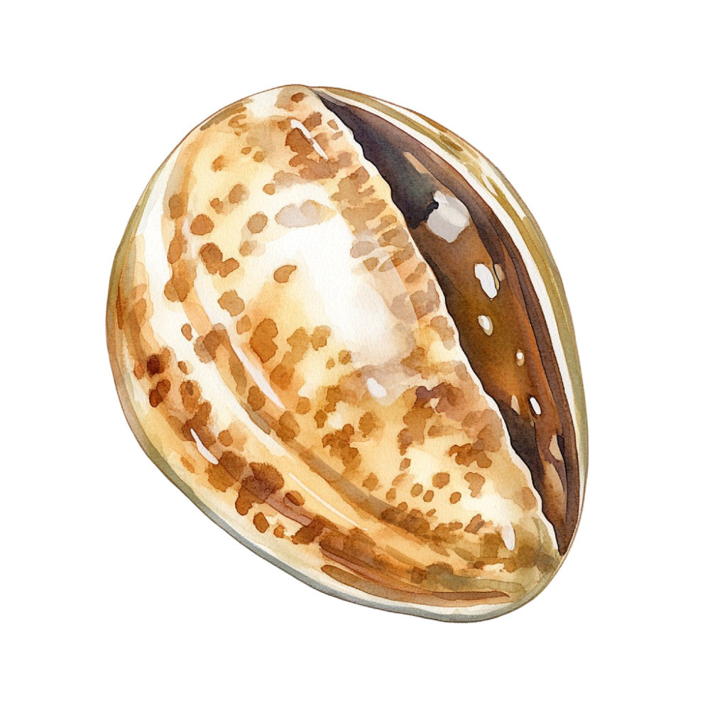 Watercolor Sea Shells Fabric Panel 23 featuring a detailed watercolor illustration of a brown and beige sea shell on premium quilting cotton.