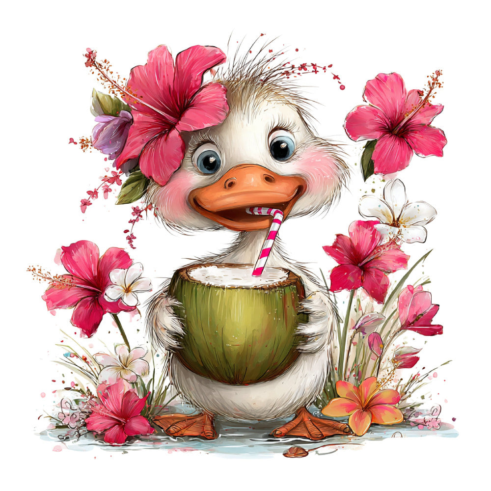duck, tropical flowers, pink hibiscus, whimsical, cute animals, floral, watercolor, spring, summer, coral pink, hot pink, white, cream, green, orange, bird, nature, playful, cheerful, candy cane, coconut drink, farmhouse, children's, nursery, illustration, botanical, colorful, festive, fun