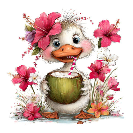 duck, tropical flowers, pink hibiscus, whimsical, cute animals, floral, watercolor, spring, summer, coral pink, hot pink, white, cream, green, orange, bird, nature, playful, cheerful, candy cane, coconut drink, farmhouse, children's, nursery, illustration, botanical, colorful, festive, fun