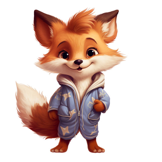 orange fox, blue pajamas, star pattern, cute animal, children's fabric, cartoon style, anthropomorphic, fluffy tail, pointed ears, sleepwear theme, fabric panel, quilting cotton, nursery decor, playful mood, white background, warm colors, whimsical art, kids bedding, craft fabric, adorable character