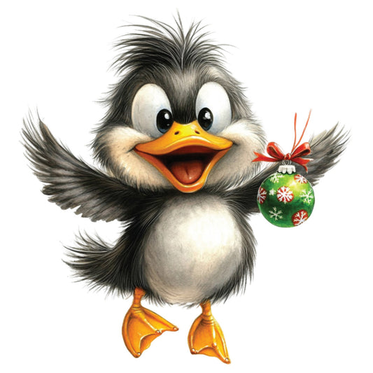 whimsical duck, cartoon bird, christmas ornament, holiday theme, festive design, gray feathers, orange beak, webbed feet, green bauble, red ribbon, white belly, spiky hair, cheerful expression, wings spread, fabric panel, quilting cotton, seasonal motif, winter decoration, playful character, bright colors