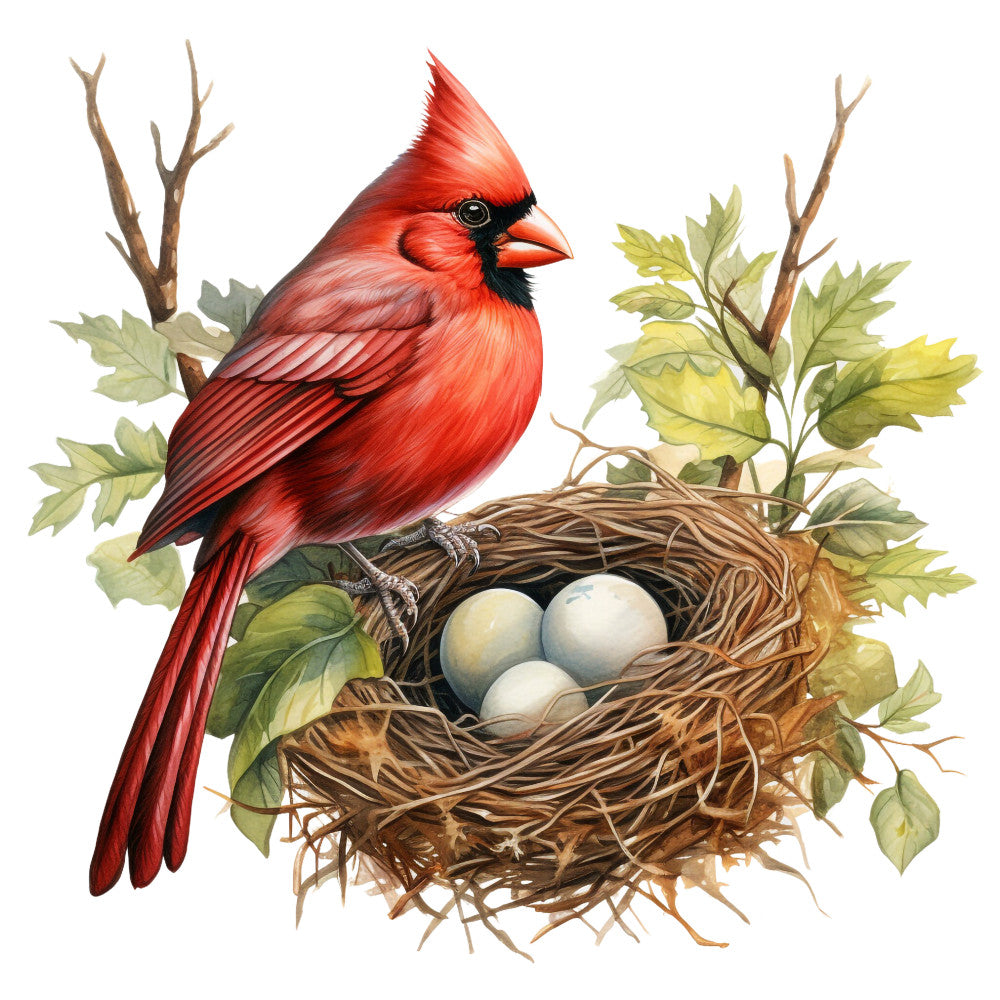 red cardinal, bird nest, eggs, branches, green leaves, nature scene, wildlife, botanical, realistic art, detailed illustration, vibrant red, orange beak, black markings, twigs, foliage, fabric panel, quilting cotton, spring theme, nesting birds, ornithology