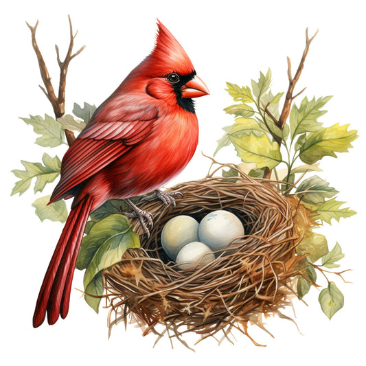 red cardinal, bird nest, eggs, branches, green leaves, nature scene, wildlife, botanical, realistic art, detailed illustration, vibrant red, orange beak, black markings, twigs, foliage, fabric panel, quilting cotton, spring theme, nesting birds, ornithology