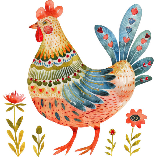 Folk Chicken Fabric Panel 6