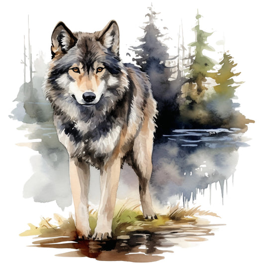 wolf, watercolor, gray wolf, forest scene, evergreen trees, amber eyes, wilderness, nature panel, fabric panel, quilting cotton, realistic wolf, woodland animals, pine trees, water reflection, earth tones, brown, gray, cream, green, wildlife art, outdoor scene