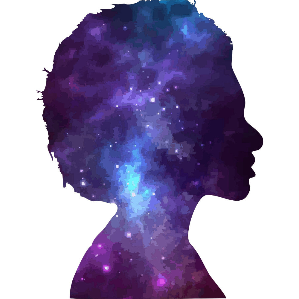 deep purple, royal blue, bright blue, cyan, magenta, violet, dark purple, silhouette, abstract, cosmic, galaxy, celestial, digital art, pixelated, modern, contemporary, profile, head silhouette, starry, glowing, ethereal, dreamy, mystical, spiritual, meditation, mindfulness, spiritual themes, geometric pixelation, science fiction, futuristic