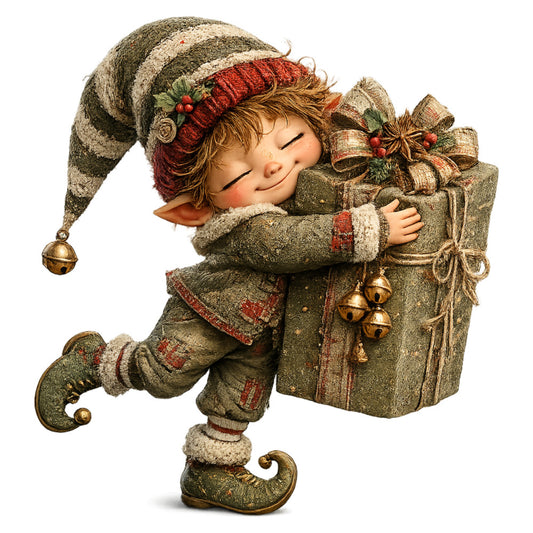 christmas elf, holiday, festive, whimsical, vintage, traditional, beige, cream, olive green, forest green, burgundy red, rust red, gold metallic, jingle bells, ribbons, bows, holly berries, greenery, elf shoes, curled toe shoes, gift boxes, presents, wrapped gifts, storybook, children's illustration, seasonal decoration, christmas decor, wall hanging, pillow cover, holiday quilt