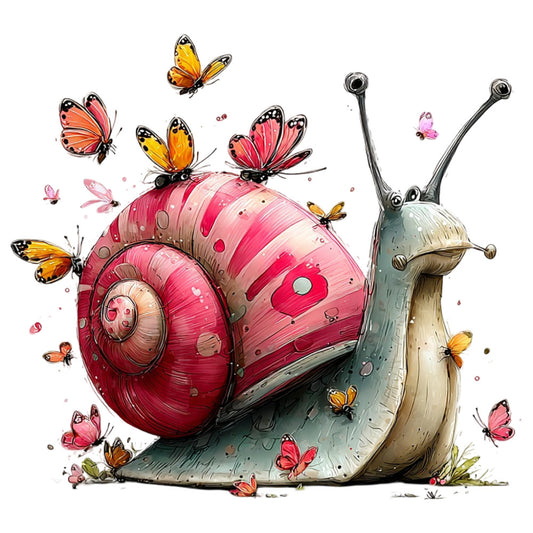 hot pink snail, coral orange, soft gray, whimsical, nature, butterflies, insects, garden, spring, summer, cute animals, children's fabric, playful, illustrated, artistic, fantasy creatures, romantic, pastel accents, woodland, decorative motifs, novelty print, storybook, nursery, baby quilt, wall hanging, soft colors, detailed illustration, animal friends, magical theme, kid-friendly