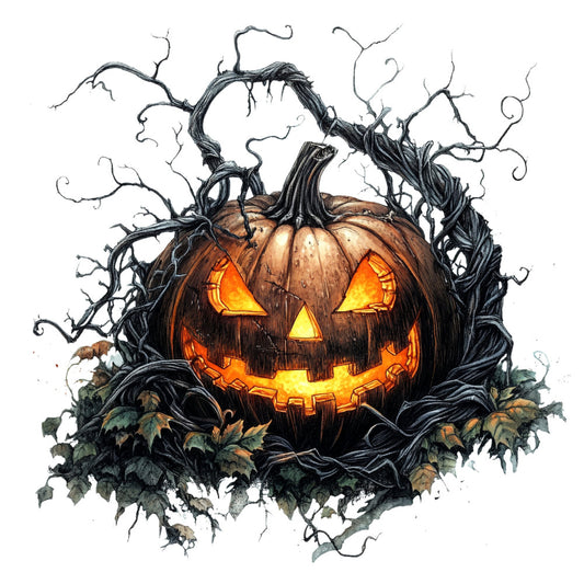 halloween pumpkin, jack-o-lantern, spooky, autumn, fall, orange, black, golden yellow, dark brown, forest green, gnarled tree, twisted branches, glow-in-the-dark effect, glowing face, holiday, seasonal, gothic, creepy, whimsical, dark whimsical, rustic, horror-themed, trick-or-treat, october, decorative, festive, nature-inspired, tree motif, illuminated, eerie