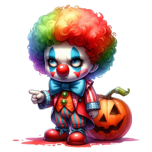 rainbow hair, multicolor, bright red, pumpkin orange, turquoise blue, purple, green, yellow, clown, halloween, spooky, whimsical, cute, playful, character panel, novelty, jack-o-lantern, bow tie, striped, polka dot, children's, kids fabric, holiday, autumn, fall, costume, entertaining, festive, decorative