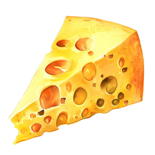 cheese, yellow, golden yellow, amber, orange, food, dairy, swiss cheese, holes, whimsical, playful, cute, kitchen, novelty, fun, children, kids, animals, food themed, humorous, realistic, illustration, bright, cheerful, snack, lunch, culinary, farmhouse