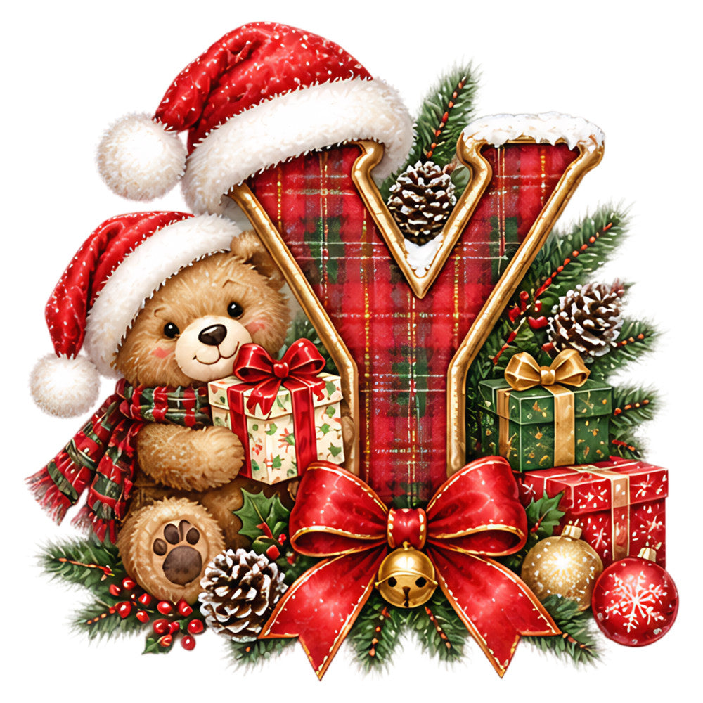 christmas, holiday, teddy bear, red plaid, tartan, gold accents, pine cones, evergreen, festive, traditional, whimsical, cute, santa hat, gift boxes, ornaments, red and green, burgundy, forest green, gold trim, ribbons, bows, winter, joy letter, nostalgic, vintage christmas, children's, decorative panel, cheerful, seasonal