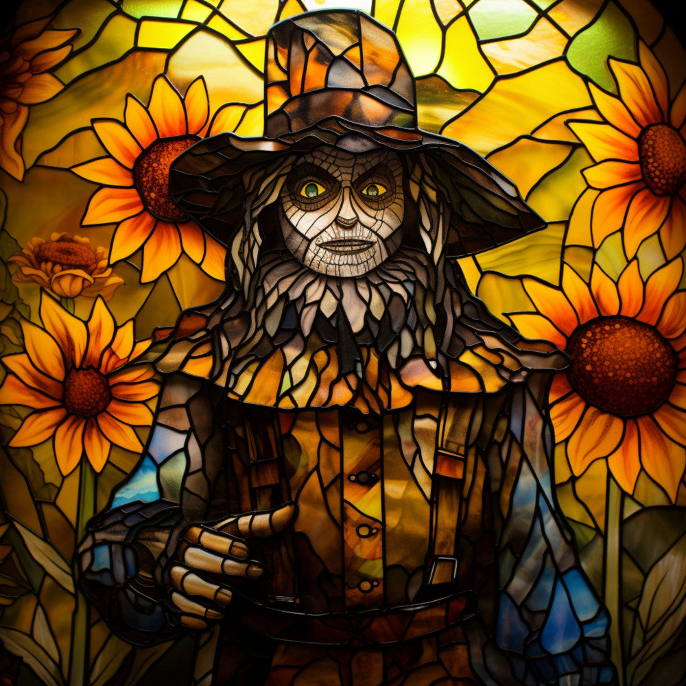 stained glass, scarecrow, sunflowers, yellow, orange, amber, golden, brown, green eyes, wizard of oz, fabric panel, quilting cotton, autumn colors, harvest theme, character design, mosaic pattern, lead lines, fantasy figure, warm tones, floral motifs