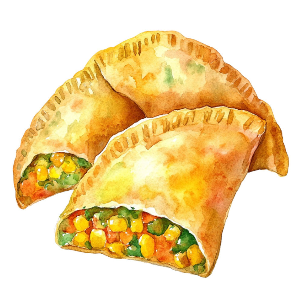 empanada, food, golden yellow, cream, corn yellow, butter yellow, red-orange, sage green, lime green, white, food illustration, culinary, recipe, kitchen, appetizer, pastry, savory, realistic, detailed, culinary art, cooking, restaurant, gourmet, comfort food, appetizer design, kitchen decor, chef, foodie, watercolor style, hand-painted