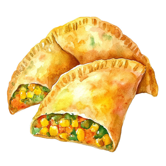 empanada, food, golden yellow, cream, corn yellow, butter yellow, red-orange, sage green, lime green, white, food illustration, culinary, recipe, kitchen, appetizer, pastry, savory, realistic, detailed, culinary art, cooking, restaurant, gourmet, comfort food, appetizer design, kitchen decor, chef, foodie, watercolor style, hand-painted