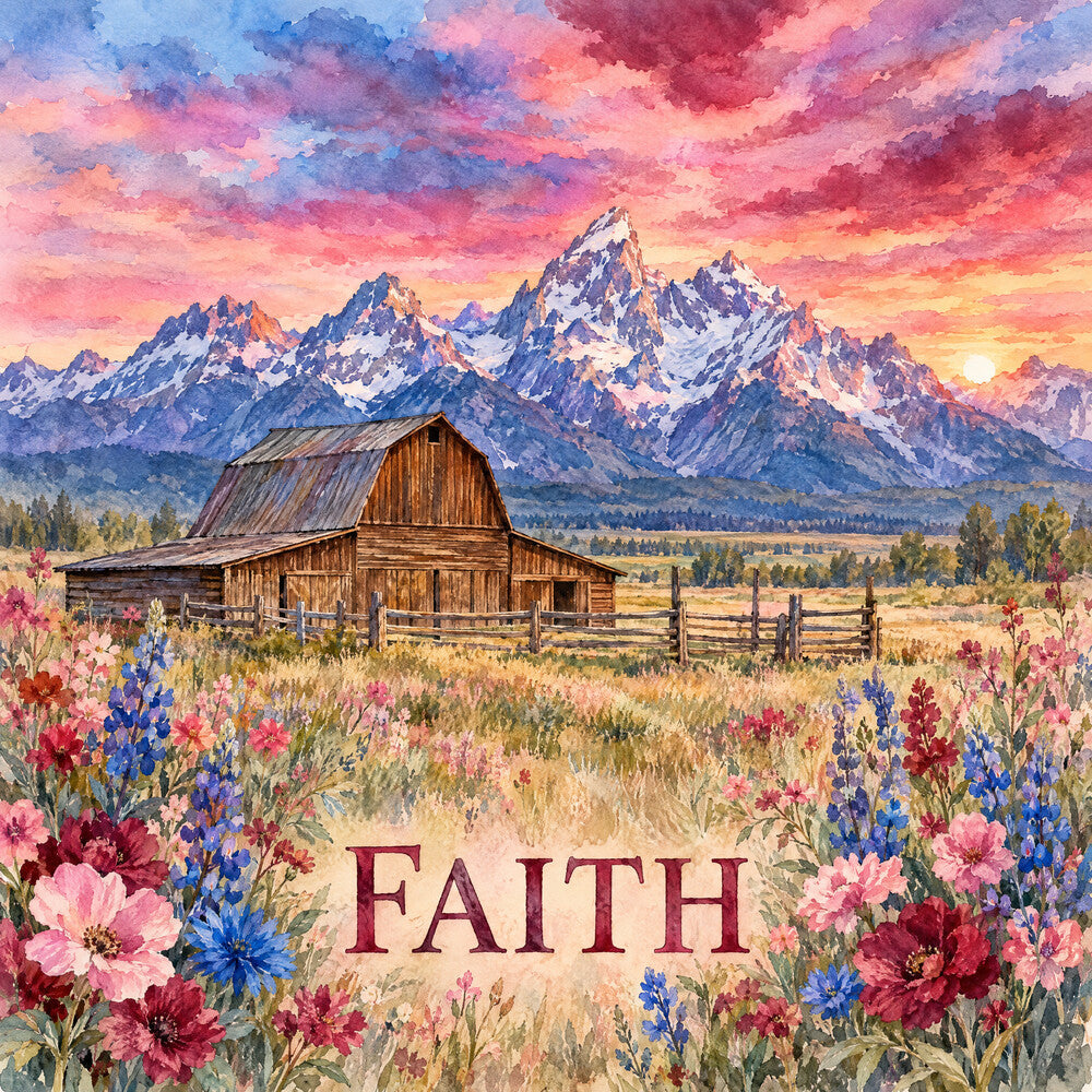 mountain landscape, sunset sky, wildflowers, barn, ranch, rustic, farmhouse, nature, scenic, inspirational, faith, spiritual, pink flowers, blue flowers, red flowers, coral pink, dusty rose, deep red, golden yellow, periwinkle blue, snow-capped peaks, meadow, countryside, spring, summer, vintage, traditional, inspirational text, wall hanging, home decor
