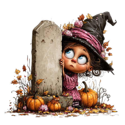 autumn, fall, halloween, witch, whimsical, pumpkins, pinkish purple, mauve, burnt orange, cream, black, dark brown, seasonal, nature, leaves, flowers, floral, pansies, dried flowers, rustic, vintage, cottage core, harvest, decorative, home decor, wall art, children's fabric, storybook, magical, enchanted