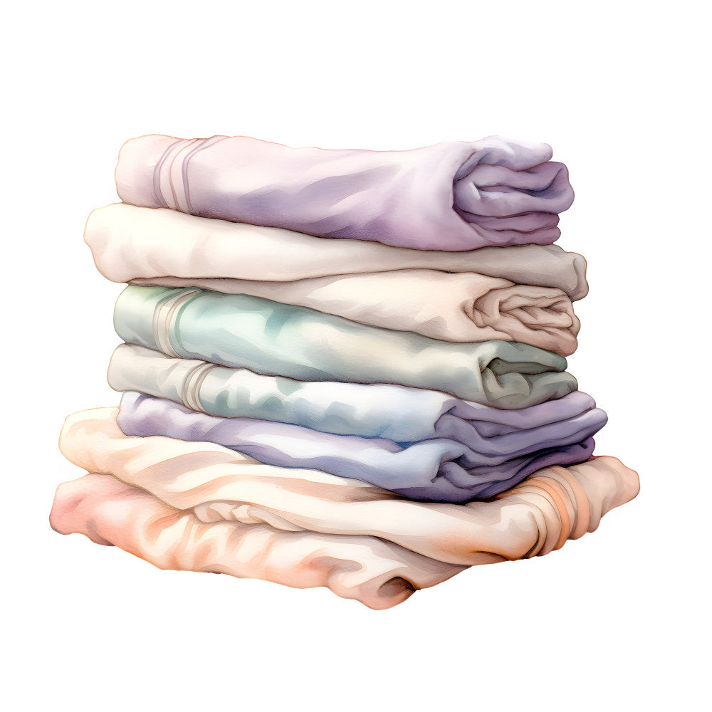 stacked clothing, folded garments, pastel purple, soft lavender, cream white, sage green, dusty blue, coral pink, peach, neutral tones, soft colors, watercolor effect, rolled sleeves, textile illustration, domestic, household, laundry, home organization, minimalist, soft aesthetic, gentle colors, delicate shades, clothing storage, wardrobe, linen look, everyday items, practical, cozy, calm, serene