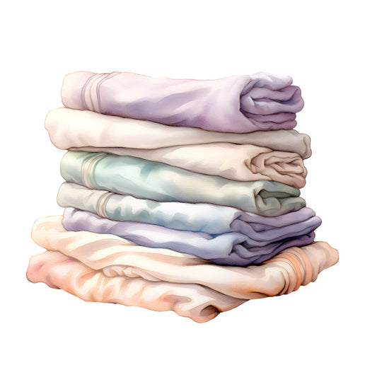 stacked clothing, folded garments, pastel purple, soft lavender, cream white, sage green, dusty blue, coral pink, peach, neutral tones, soft colors, watercolor effect, rolled sleeves, textile illustration, domestic, household, laundry, home organization, minimalist, soft aesthetic, gentle colors, delicate shades, clothing storage, wardrobe, linen look, everyday items, practical, cozy, calm, serene