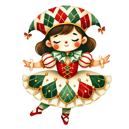 christmas, holiday, jester, clown, whimsical, festive, red, green, cream, gold, vintage, retro, nostalgic, character panel, children's, playful, jolly, traditional, cute, decorative, argyle, striped, bells, stars, ornaments, winter, seasonal, cheerful, folk art, harlequin
