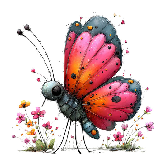 butterfly, whimsical, nature, insects, flora, pink, coral pink, orange, red, teal, dark teal, charcoal gray, spring, summer, floral, flowers, colorful, whimsy, children's, kids, playful, illustration, botanical, garden, artistic, modern whimsical, decorative, nursery, wall hanging, artistic illustration