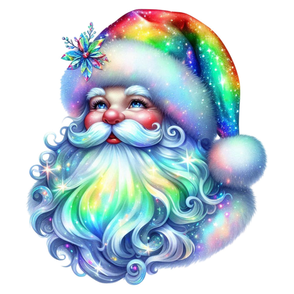 rainbow santa, multicolor santa claus, galaxy santa, cosmic christmas, holographic santa, iridescent holiday, rainbow hat, white beard, festive santa face, christmas panel, holiday fabric, celestial theme, whimsical santa, magical christmas, rainbow gradient, colorful holiday, aurora borealis, sparkly christmas, jolly santa, festive face panel, rainbow colors, turquoise, purple, pink, yellow, green, blue, gold accents, starry night, decorative holiday