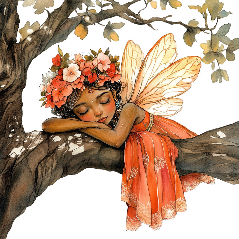 fairy, winged fairy, flower crown, coral orange, peach, cream, woodland, nature, whimsical, fantasy, sleeping fairy, delicate wings, floral headpiece, botanical, spring, summer, enchanted, magical, storybook, illustration, vintage style, ornate, dreamy, ethereal, girl, feminine, decorative panel, wall art, garden theme, romantic