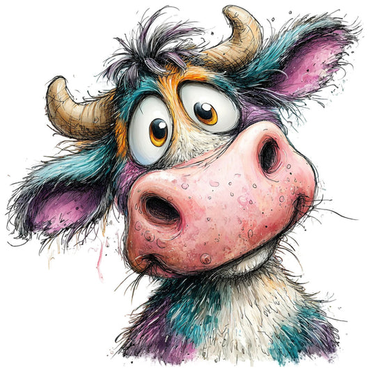 whimsical cow, colorful animals, farm animals, quirky illustration, bright colors, teal, purple, coral pink, orange, golden yellow, black, contemporary art, modern farmhouse, children's illustration, playful design, expressive eyes, artistic style, abstract watercolor, splatter effect, vibrant palette, novelty print, whimsy, folk art, decorative art panel, statement piece, conversation starter, animal portrait, artistic animals, unique design
