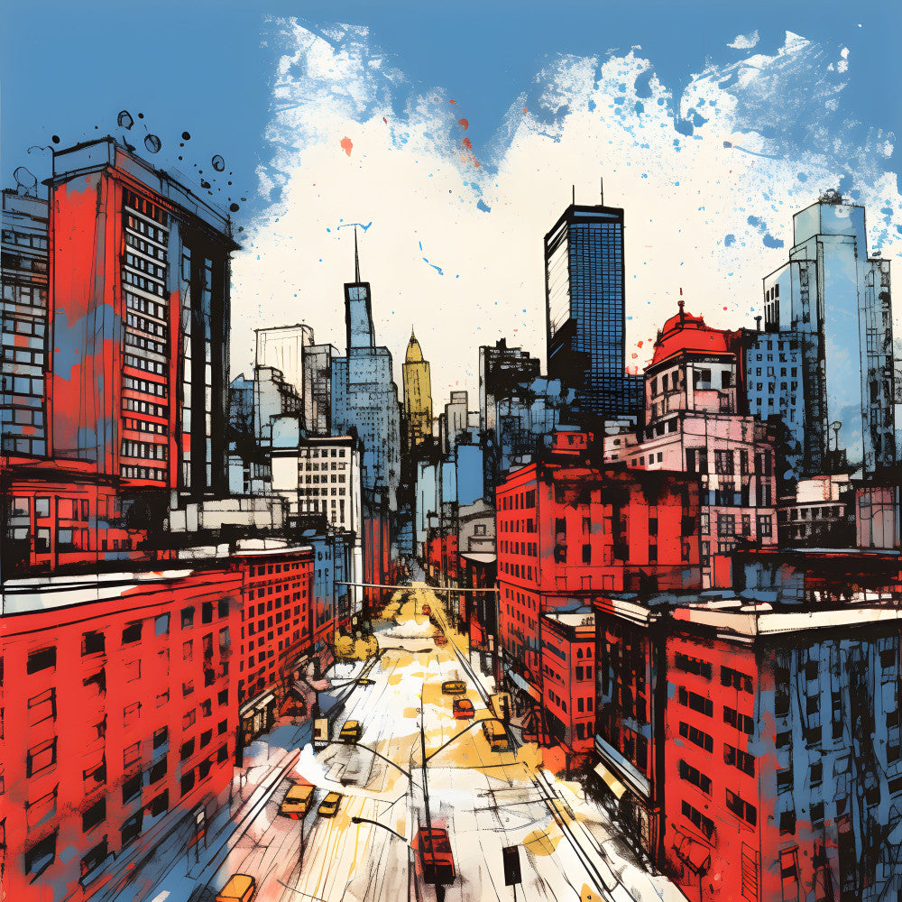 red, blue, yellow, bright red, sky blue, cream, black, urban, cityscape, skyscraper, street scene, modern, contemporary, architectural, geometric, abstract, city buildings, taxi, yellow cab, metropolitan, downtown, pop art, bold, vibrant, graphic, street art style, wall hanging, home decor, art panel