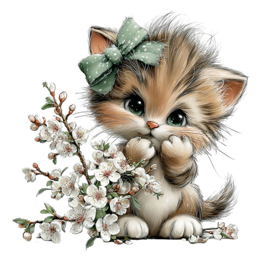 adorable kitten, cute cat, fluffy cat, green bow, polka dot bow, sage green, cream white, tan brown, soft pastels, floral, spring flowers, cherry blossoms, white blossoms, nature, animals, whimsical, sweet, gentle, botanical, spring, baby, nursery, children's, girl, feminine, vintage illustration, storybook, decorative panel, wall hanging, baby quilt