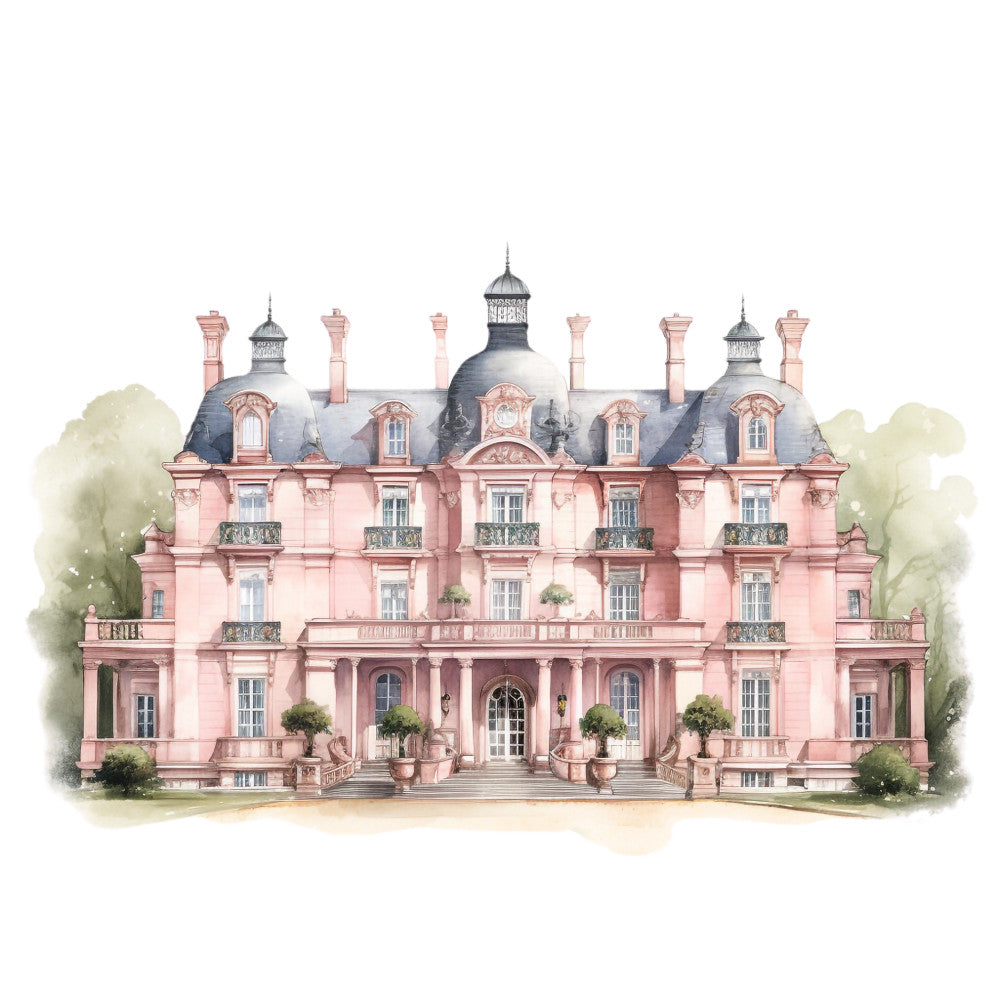 pink palace, watercolor illustration, french chateau, coral pink, slate gray roof, architectural design, grand mansion, elegant building, pastel colors, baroque style, ornate windows, decorative chimneys, manicured gardens, european architecture, romantic scene, fabric panel, quilting cotton, soft pastels, mansion facade, stately home