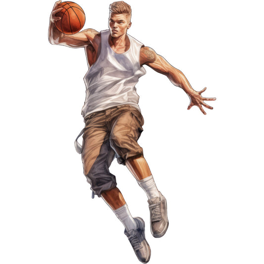 basketball player, sports, athletic, tan, beige, brown, white, cream, orange, male figure, portrait, action pose, jumping, sports themed, recreation, casual wear, tank top, shorts, socks, sneakers, modern, contemporary, men's interests, hobby themed, active lifestyle, youth, dynamic motion