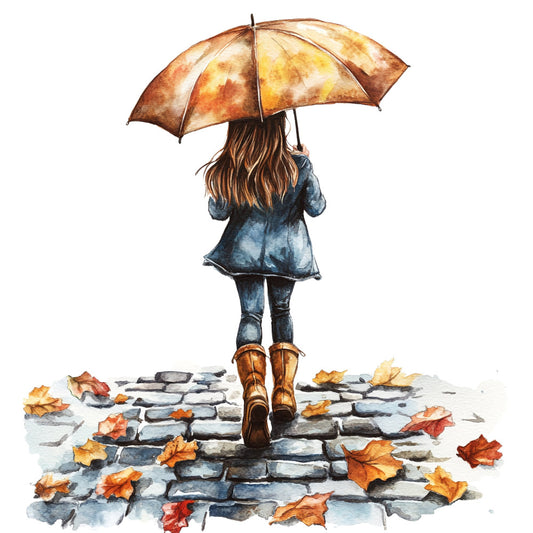 autumn, fall, rain, rainy day, girl, child, children, golden umbrella, brown umbrella, amber, gold, bronze, warm tones, denim blue, navy blue, stone gray, charcoal gray, leaves, fall leaves, maple leaves, seasonal, nature, whimsical, storybook, illustration, watercolor, artistic, contemplative, moody, rustic