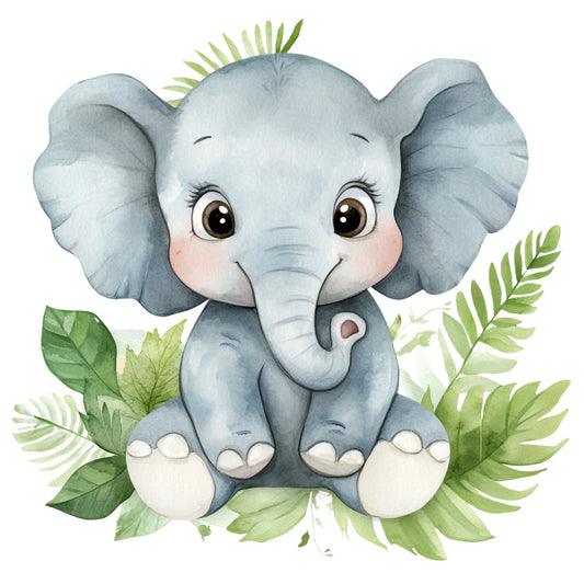 baby elephant, soft gray, sage green, light blue, pale green, whimsical, nature, animals, jungle, tropical, nursery, baby shower, children, cute, playful, botanical, leaves, foliage, ferns, palm fronds, baby quilt, wall hanging, gender neutral, gentle, sweet, soft, watercolor, illustration, woodland, safari