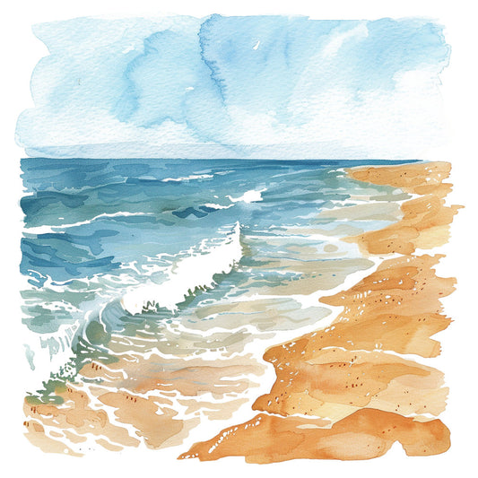 beach scene, coastal, ocean waves, sky, sand, watercolor, light blue, sky blue, turquoise, teal, tan, beige, sandy brown, ocean, seascape, nautical, nature, summer, seaside, landscape, impressionist, artistic, painted effect, water, whitecaps, shore, relaxing, peaceful, travel theme