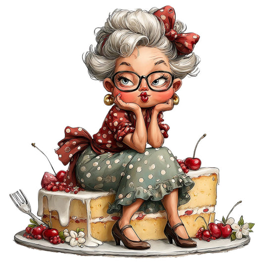 vintage grandma, retro pin-up, polka dots, cream, sage green, rust red, cherry red, whimsical, playful, humorous, novelty, character fabric, quirky, mid-century modern, fashion illustration, woman portrait, glasses, hair bow, cake, dessert, food theme, kitchen decor, bakery, sweet treats, elegant grandmother, spotted pattern, dotted, fun and festive, lighthearted, decorative panel