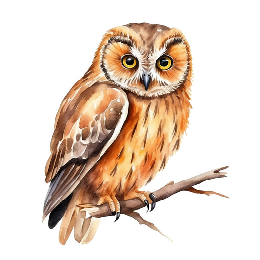 watercolor owl, fabric panel, brown owl, orange feathers, yellow eyes, bird illustration, nature design, woodland creature, perched owl, branch detail, earth tones, russet brown, golden yellow, cream colors, quilting panel, cotton fabric, wildlife art, forest bird, realistic owl, painted style