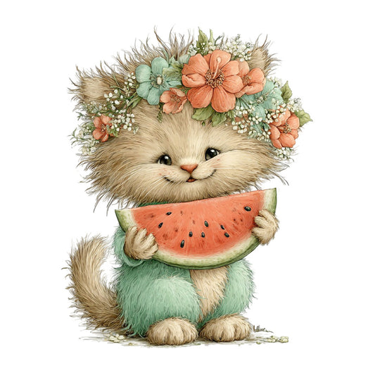 fluffy kitten, cat with flowers, flower crown, watermelon, cute animals, whimsical, children's fabric, baby animals, mint green, coral pink, cream, sage green, floral animals, spring animals, summer theme, nature lovers, sweet animals, illustration style, adorable design, animal with fruit, botanical florals, baby nursery, kids fabric, playful style, gentle colors, pastel palette, daydream design, enchanting, soft watercolor style