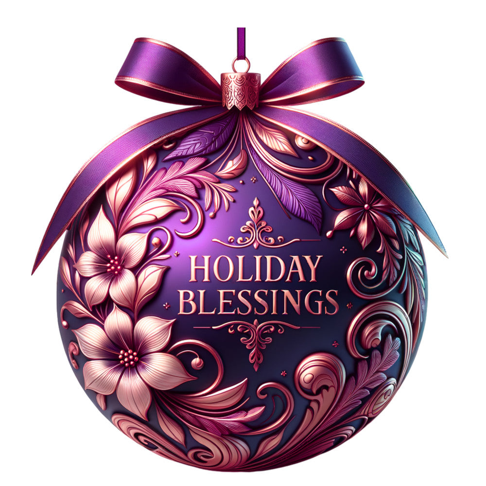 purple, magenta, rose gold, ornament, christmas ball, floral motifs, swirls, baroque patterns, holiday ribbon, bow, decorative flourishes, fabric panel, quilting cotton, festive, ornate design, metallic accents, dimensional appearance, winter holidays, elegant ornament, holiday crafting