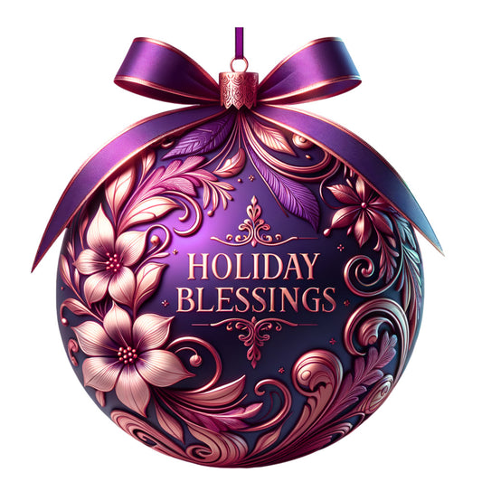 purple, magenta, rose gold, ornament, christmas ball, floral motifs, swirls, baroque patterns, holiday ribbon, bow, decorative flourishes, fabric panel, quilting cotton, festive, ornate design, metallic accents, dimensional appearance, winter holidays, elegant ornament, holiday crafting