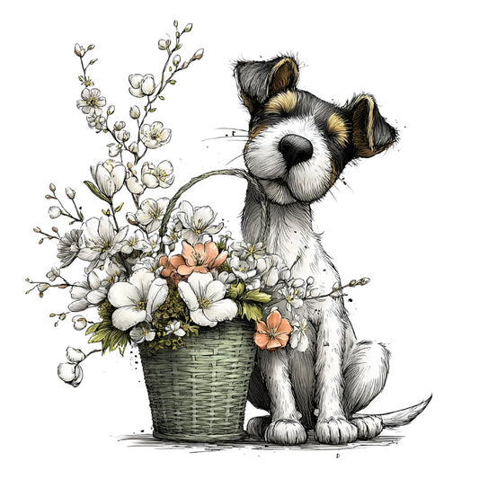 adorable puppy, animal lover, basket flowers, beige, black and white, botanical, brown, charming, cottage core, cream, cute dog, delicate blooms, dog themed, dog with flowers, floral arrangement, flowers, gentle, golden tan, hand drawn, heartwarming, illustration style, ink sketch, light colored, nature inspired, peach accents, playful, spring, sweet, terrier, watercolor style