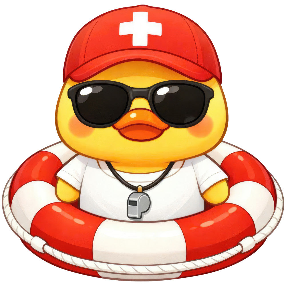 yellow duck, red and white, sunglasses, lifeguard, beach theme, nautical, summer, cute animals, whimsical, playful, bright yellow, fire engine red, cream white, pool party, water safety, rescuer duck, lifesaver ring, casual style, fun prints, children's fabric, novelty, character print, coastal, cheerful, bold colors, animal characters, kids themed, summertime, recreational